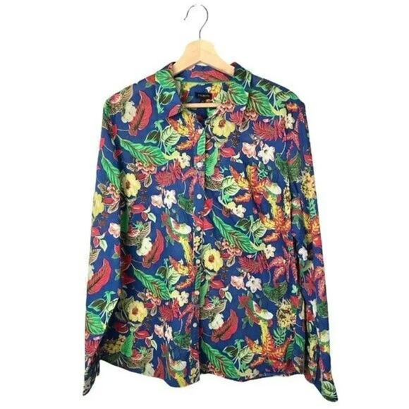 Talbots Blue Tropical Floral Print Button Down Long Sleeve Top XL - Picture 1 of 3